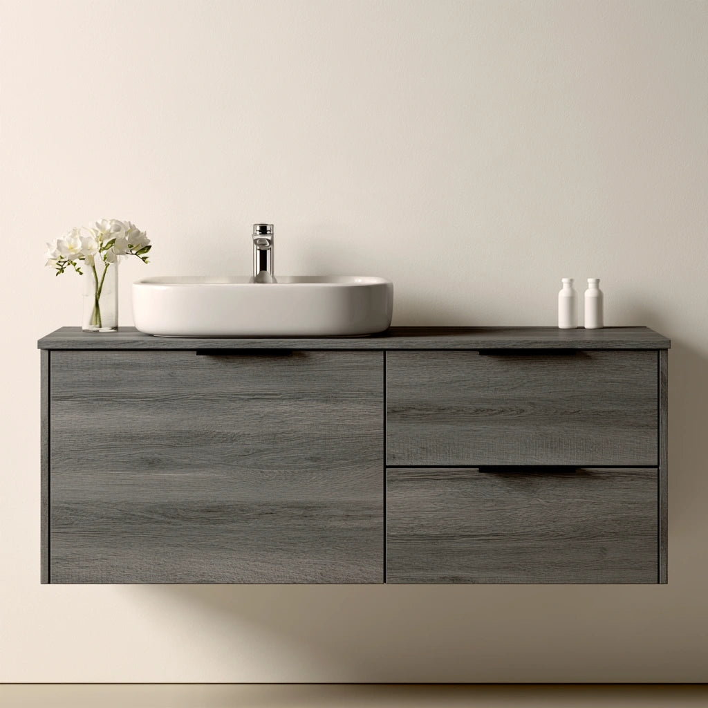 Mobile bagno sospeso dalle linee essenziali sospeso a parete, colore grigio e bianco