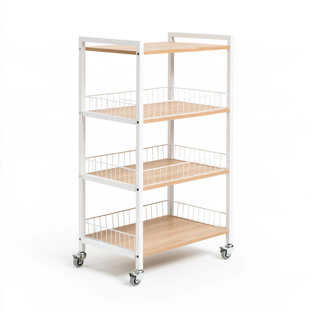 Carrello portaoggetti dalle linee essenziali su ruote a quattro livelli, colore grigio