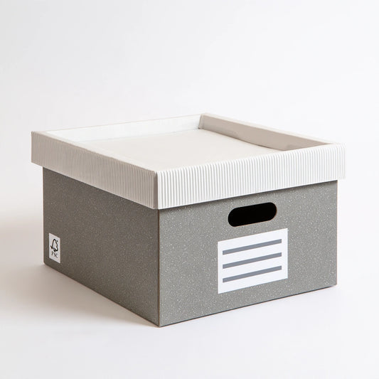 Baule portaoggetti dalle linee essenziali, colore grigio e bianco