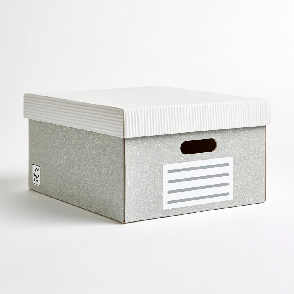 Baule portaoggetti dalle linee essenziali, colore grigio e bianco
