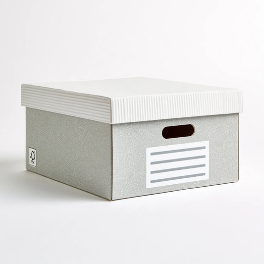 Baule portaoggetti dalle linee essenziali, colore grigio e bianco