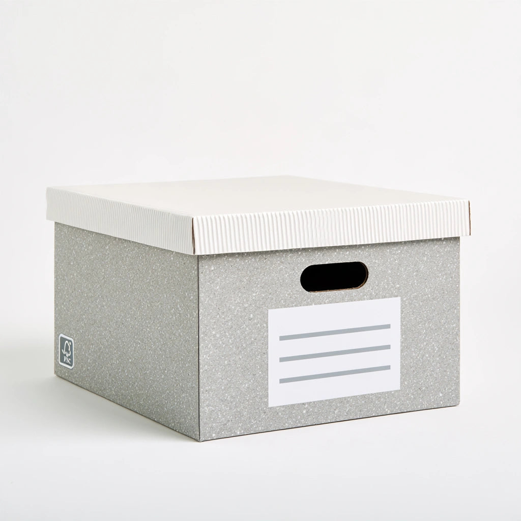 Baule portaoggetti dalle linee essenziali, colore grigio e bianco