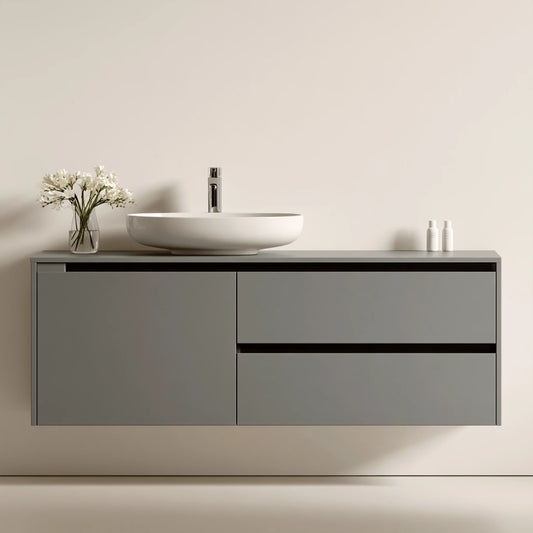 Mobile bagno sospeso dalle linee essenziali sospeso a parete, colore grigio e bianco